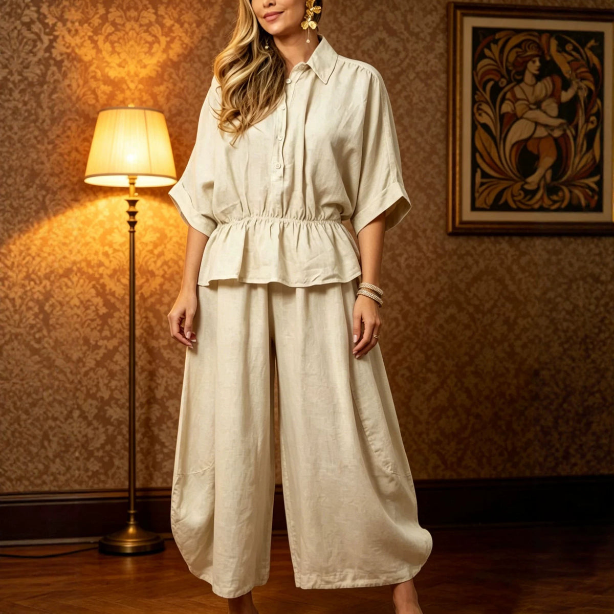 Plus-size Womens Loose Casual Belted Shirt And Wide-leg Pants Set