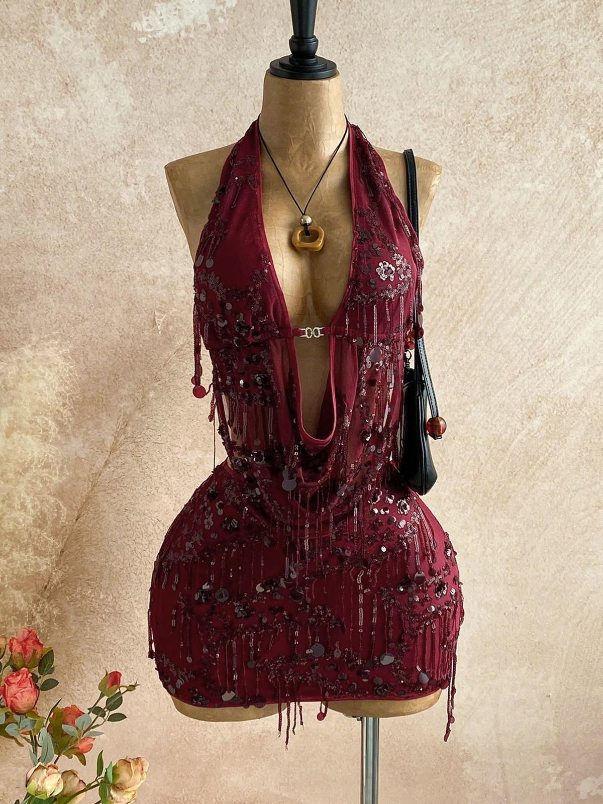 Sequin Tassel Halter Bodysuit And Cutout Figure-hugging Sheath Skirt