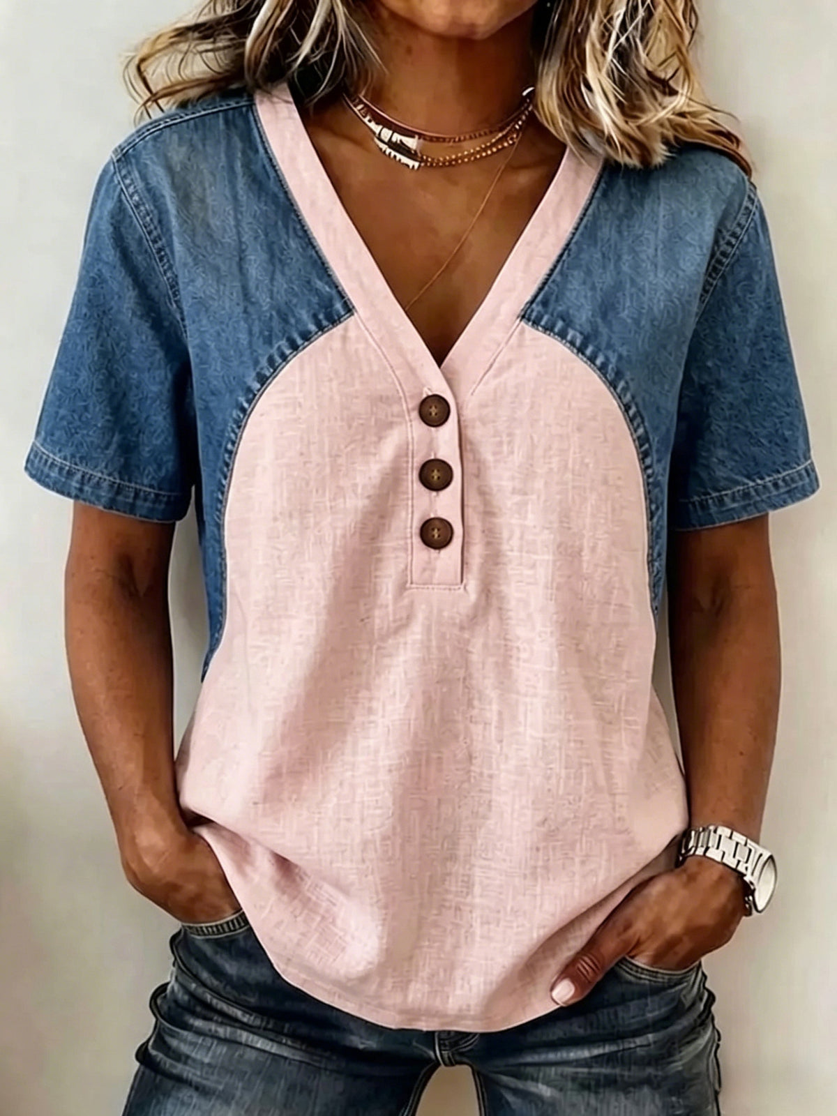 Fashionable Trendy Womens Loose Denim Patchwork T-Shirt