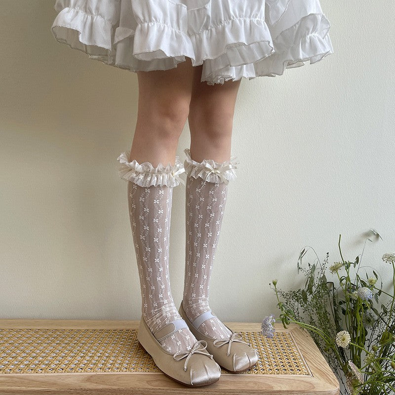 Lace Bow Light Mesh Girl Midsole Calf Pile Socks Women Solid Color