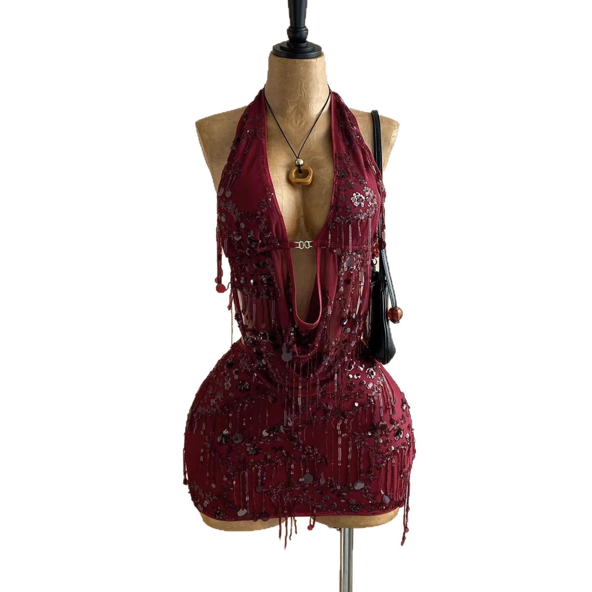 Sequin Tassel Halter Bodysuit And Cutout Figure-hugging Sheath Skirt
