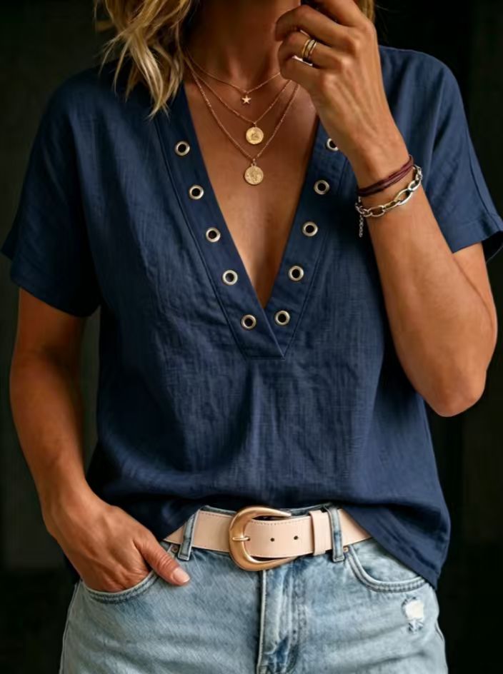 Loose-fitting Casual V-neck Short-sleeve Solid-color Womens Shirt