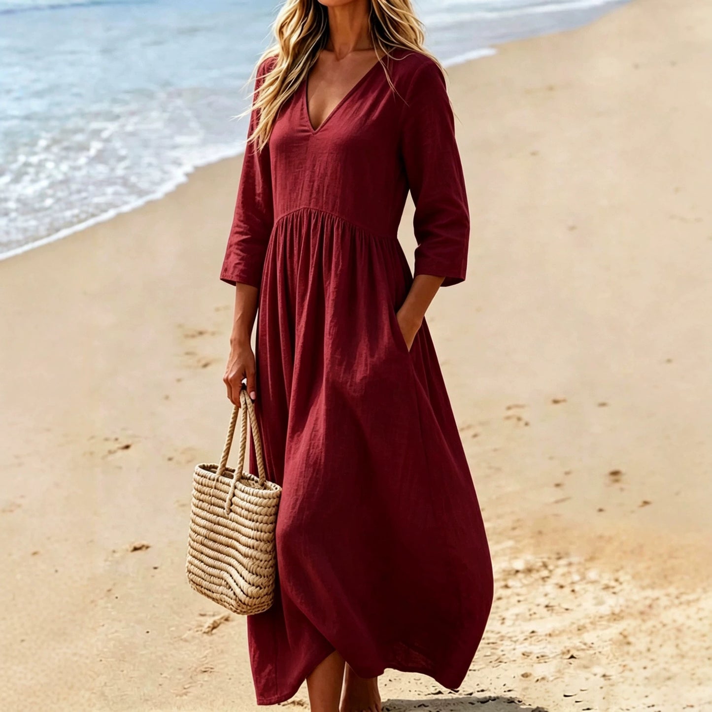 V-neck Three-quarter Sleeve Womens Resort Maxi Dress