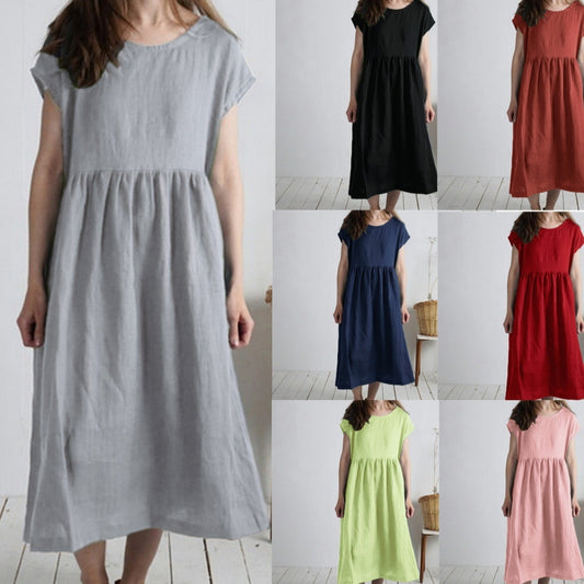 Solid-color Pleated Loose-fit Casual Cotton-linen Dress For Women