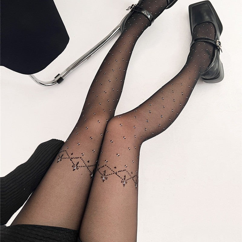 Retro Patchwork Thigh Jacquard Dot Black Silk Thin Transparent Pantyhose