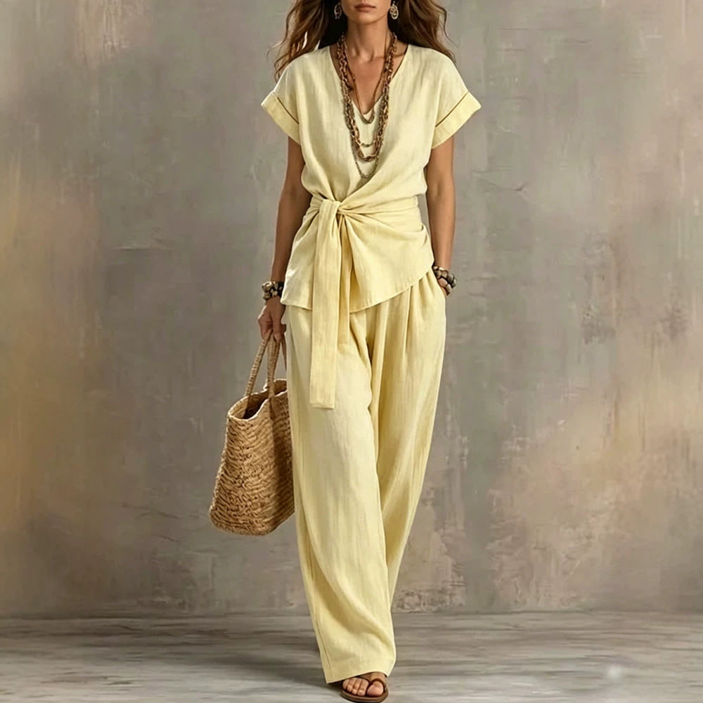 Women's V-neck Pullover Short-Sleeve Pants Set