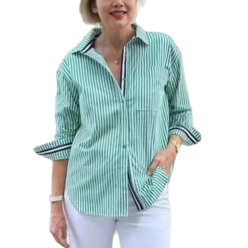 European And American-style Chic Commuter Long-Sleeve Striped Cardigan Womens Shirt