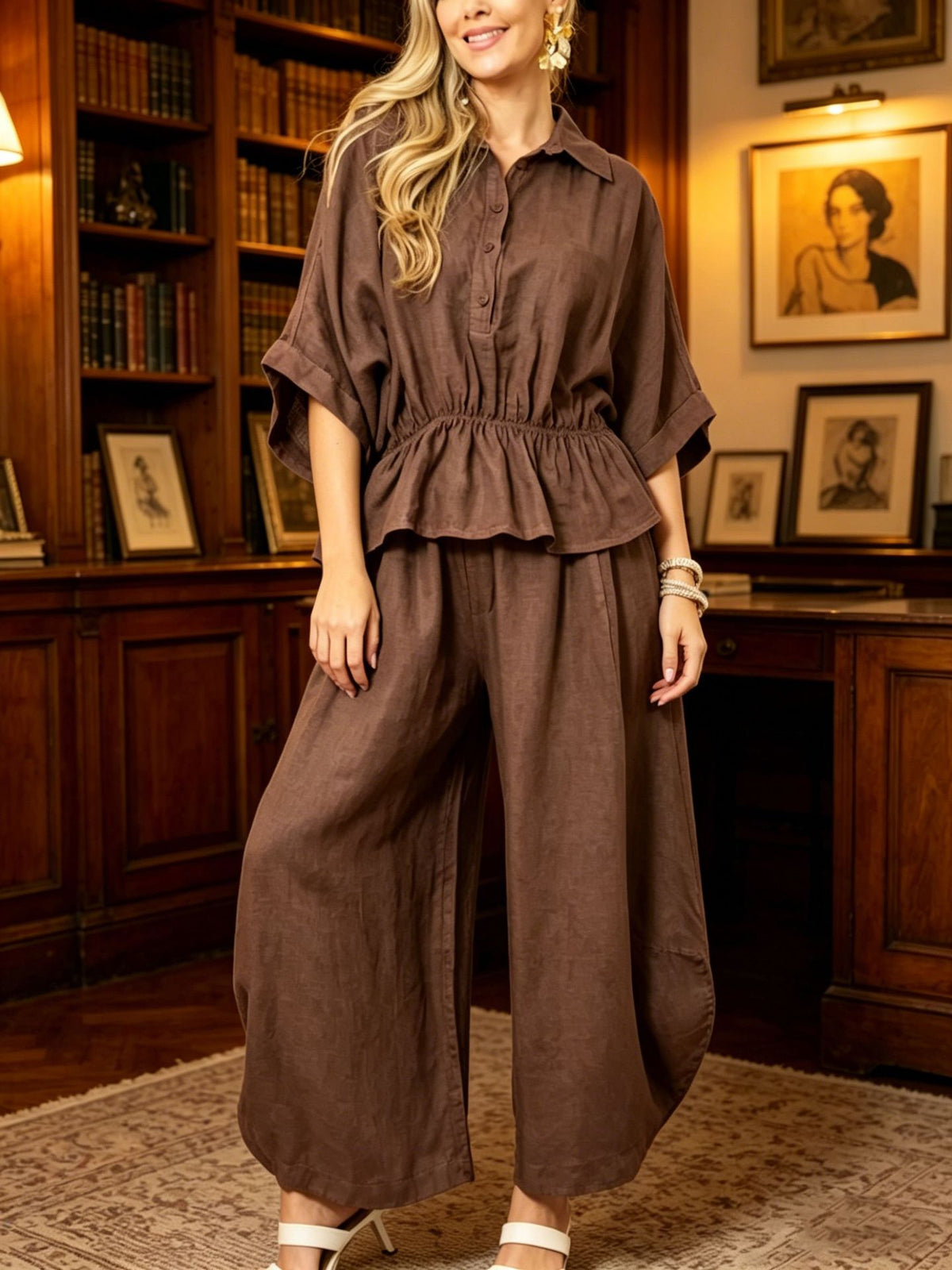 Plus-size Womens Loose Casual Belted Shirt And Wide-leg Pants Set