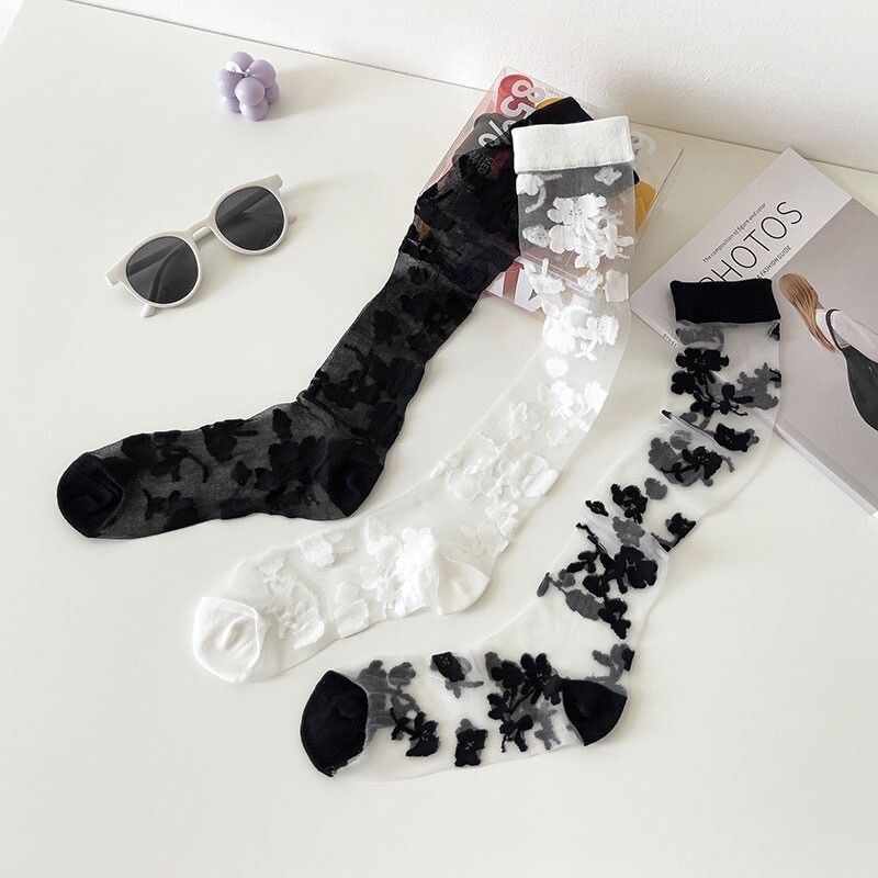 Coquette Floral Sheer Mesh Crew Socks, Black & White Flower Pattern Transparent Socks, Women's Breathable Casual Socks For Summer & Mary Janes