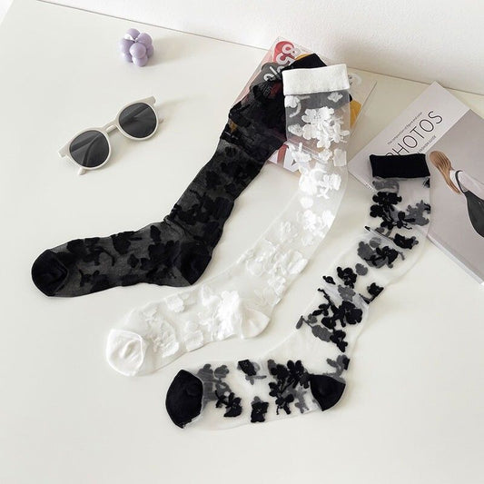 Coquette Floral Sheer Mesh Crew Socks, Black & White Flower Pattern Transparent Socks, Women's Breathable Casual Socks For Summer & Mary Janes