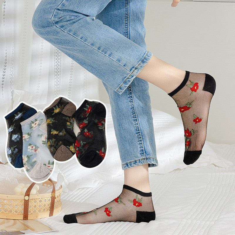 5pairs Spring And Summer New Arrivals Women's Flower Boat Socks Breathable Glass Fiber Boat Socks