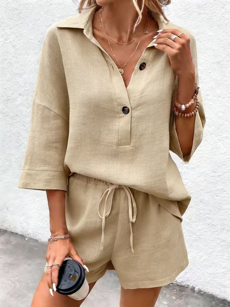 Notch-lapel Short-sleeve Belted Shorts Casual Set