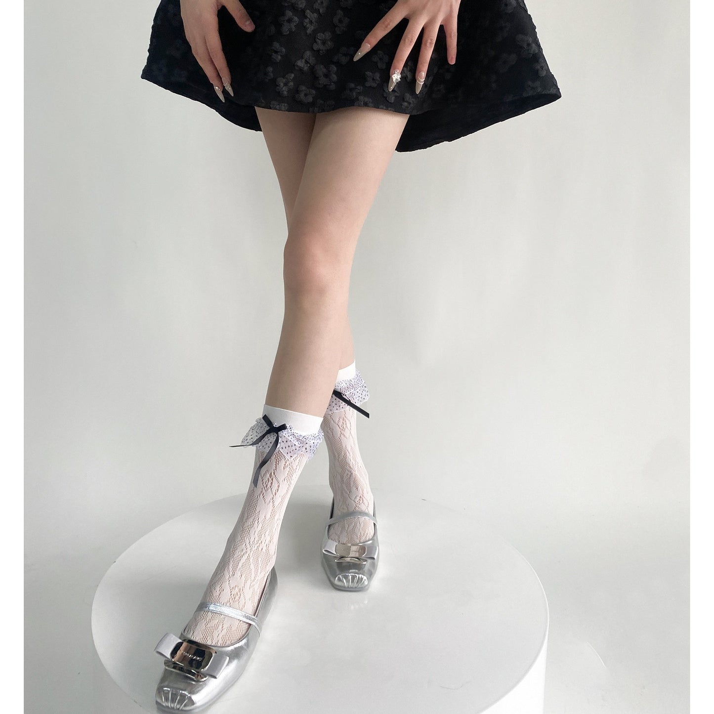 Spring And Summer Rose Jacquard Polka Dot Lace Calf Socks With Bow, Mid Tube Socks With Hollow Lace For Women