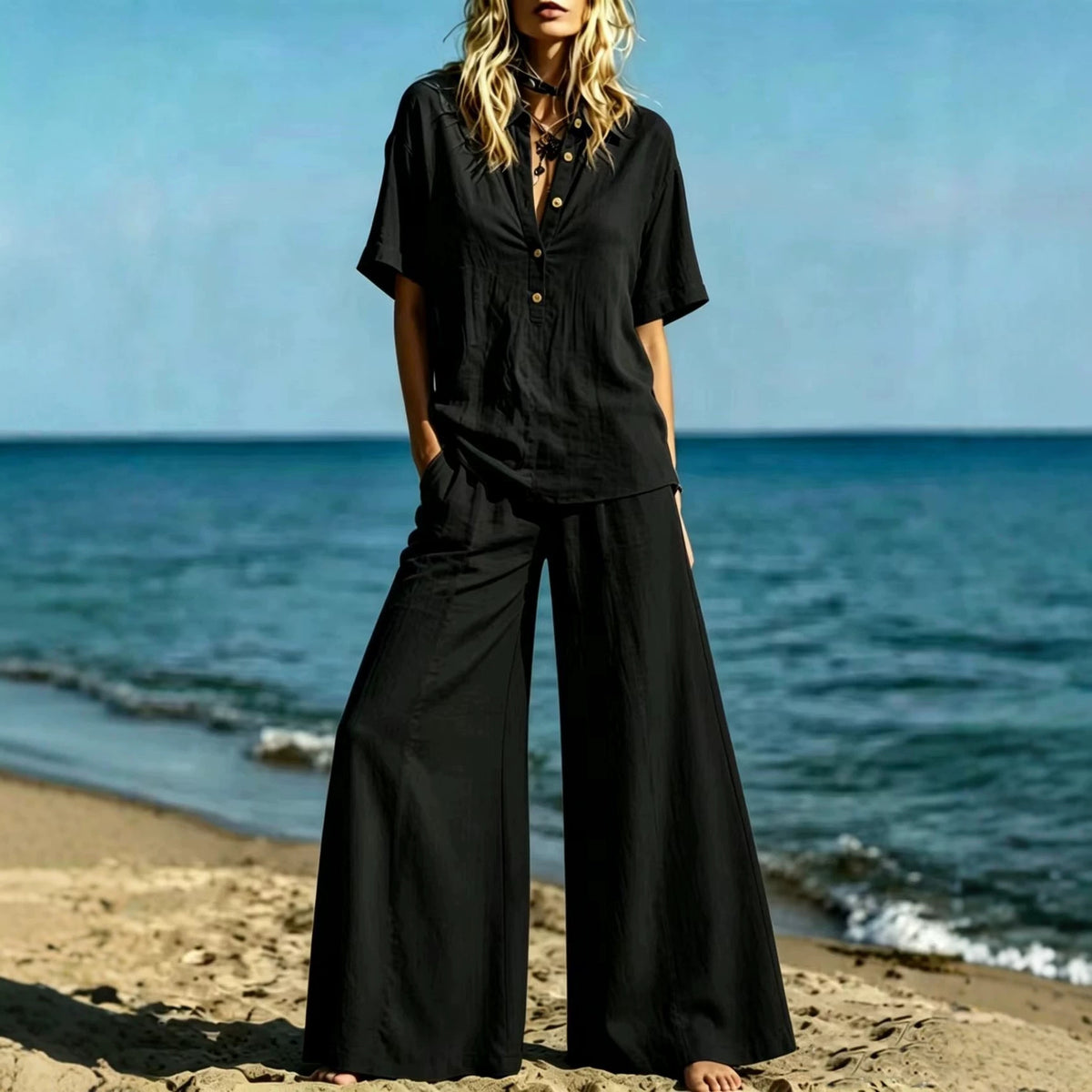Button-down Shirt And Wide-leg Pants Two-piece Set For Women