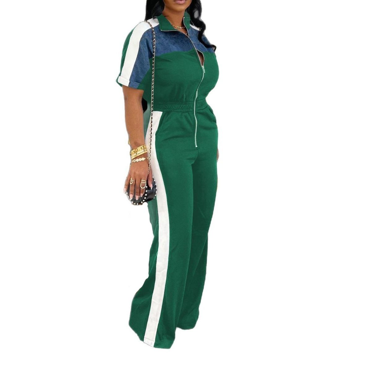 Short Sleeved Long Zipper Women's Jumpsuit
