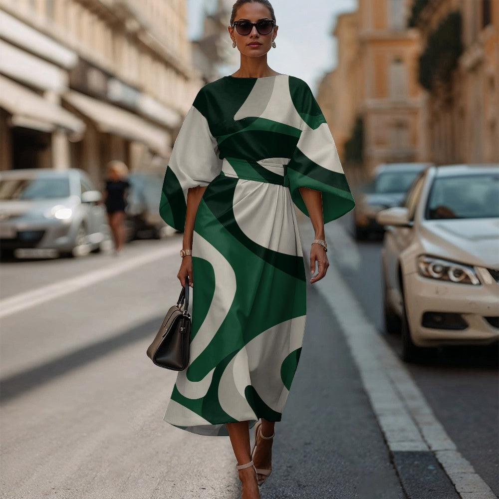 Womens Fashionable Casual Printed Crew-Neck Dress