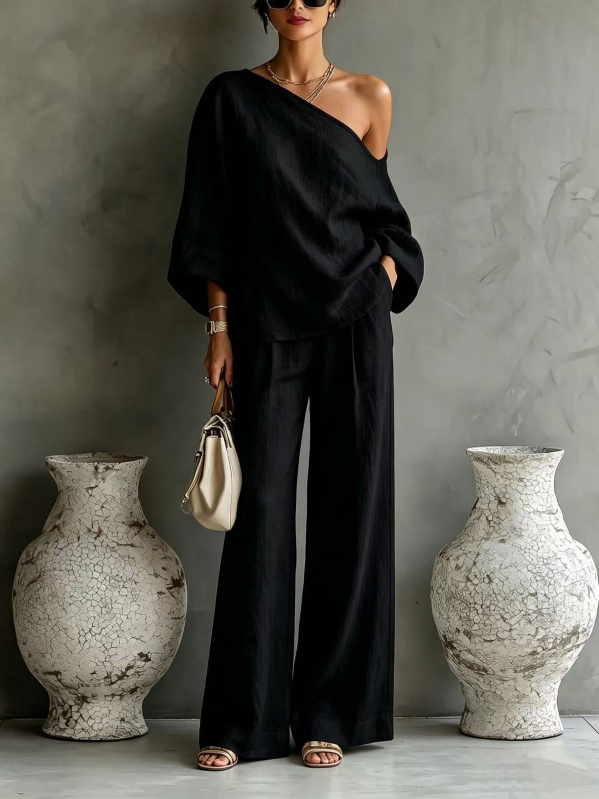 Elegant Off-shoulder Top And Loose Wide-leg Pants Set In A Relaxed, Laid-back Style