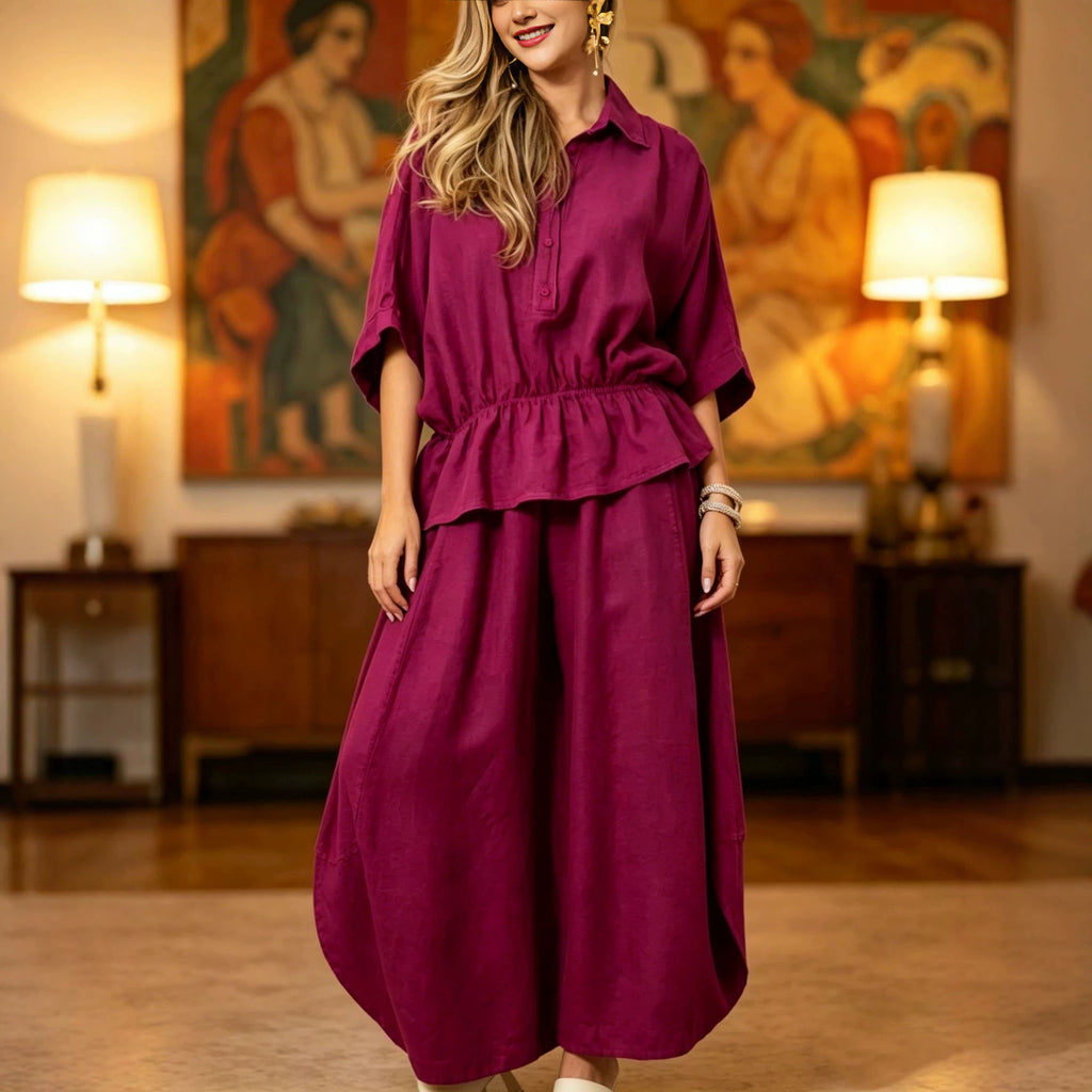 Plus-size Womens Loose Casual Belted Shirt And Wide-leg Pants Set
