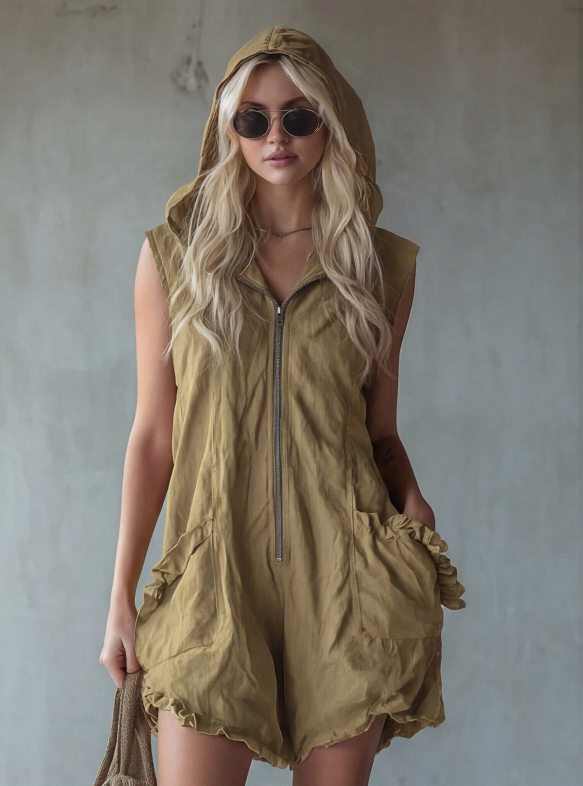Retro-style Hooded Zip-up Sleeveless Cropped Cotton-linen Jumpsuit