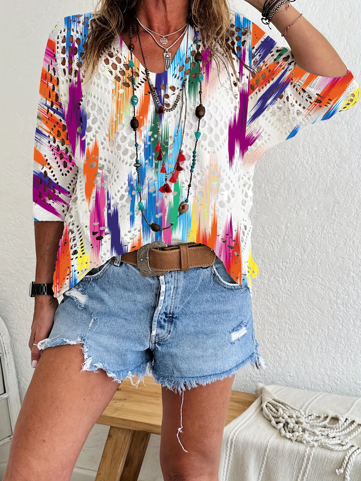 Womens Hollowed-Out Batwing-Sleeve Sweater With 3D Knitted Print