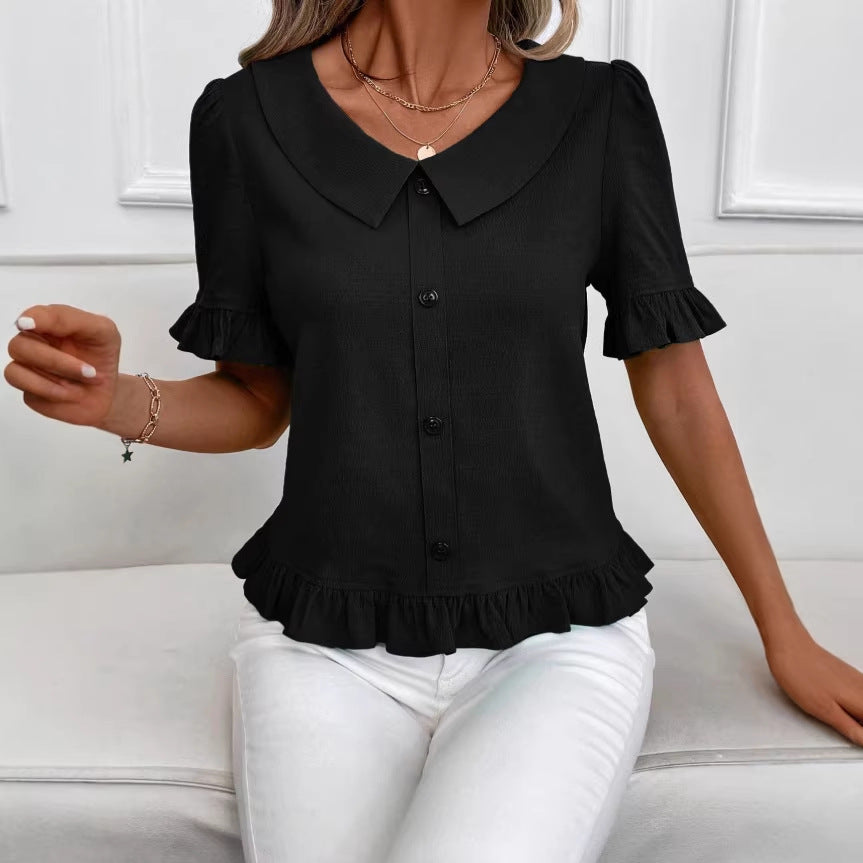 Women's Front-Button Petal-Sleeve Short-Sleeve Summer Fashion