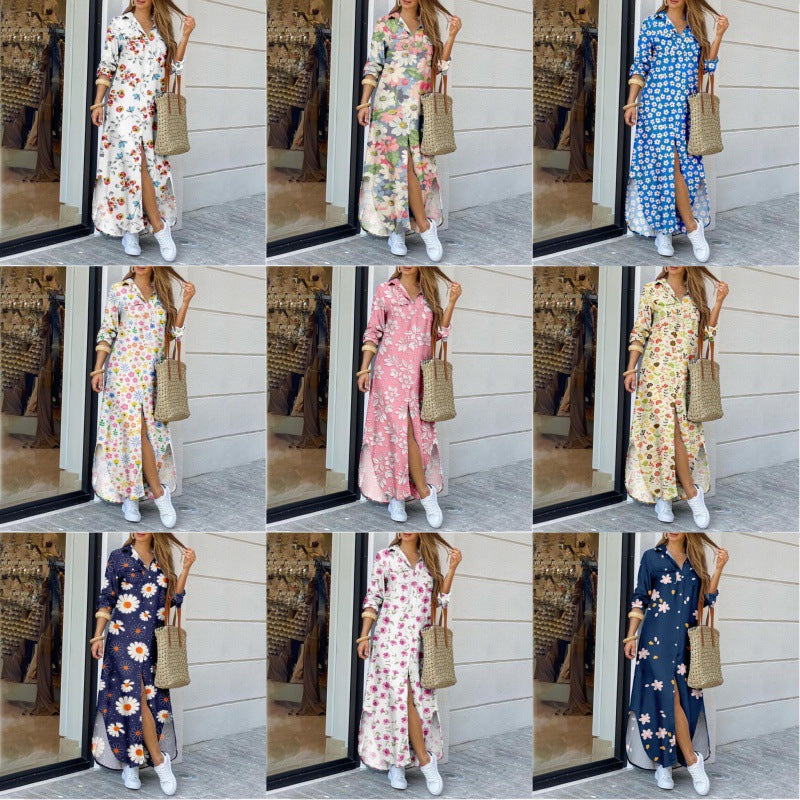 Lapel-collar Long Shirt Dress For Women