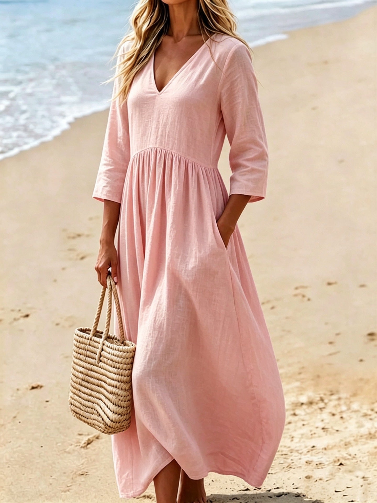 V-neck Three-quarter Sleeve Womens Resort Maxi Dress