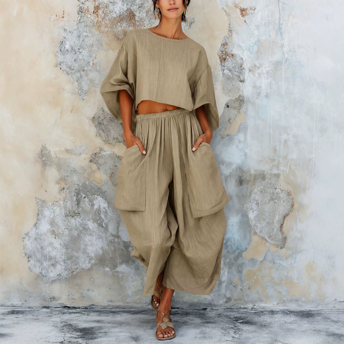 Elastic-waist Batwing-sleeve Casual Plus-size Set