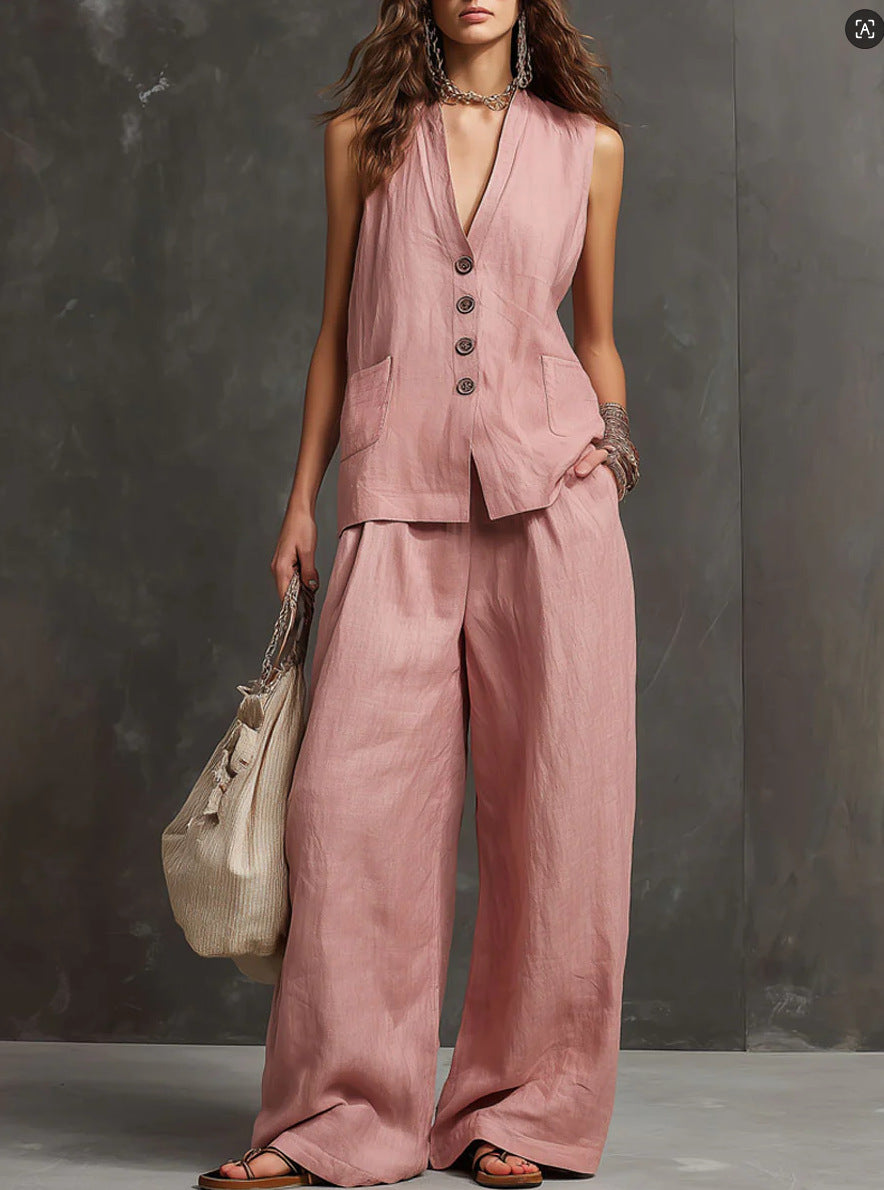 Women's Linen 2-Piece Outfit, Sleeveless Vest & Wide Leg Pants Set