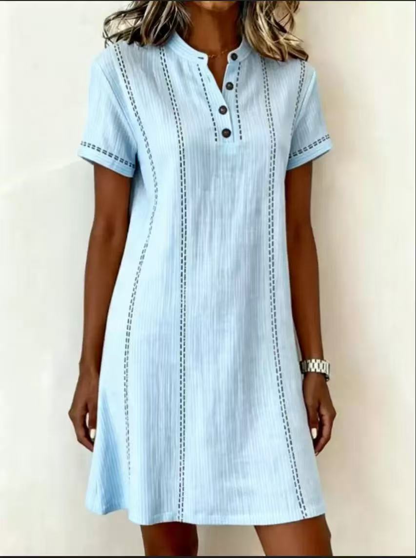 Loose-fitting Casual Printed Button-up Stand-collar Dress