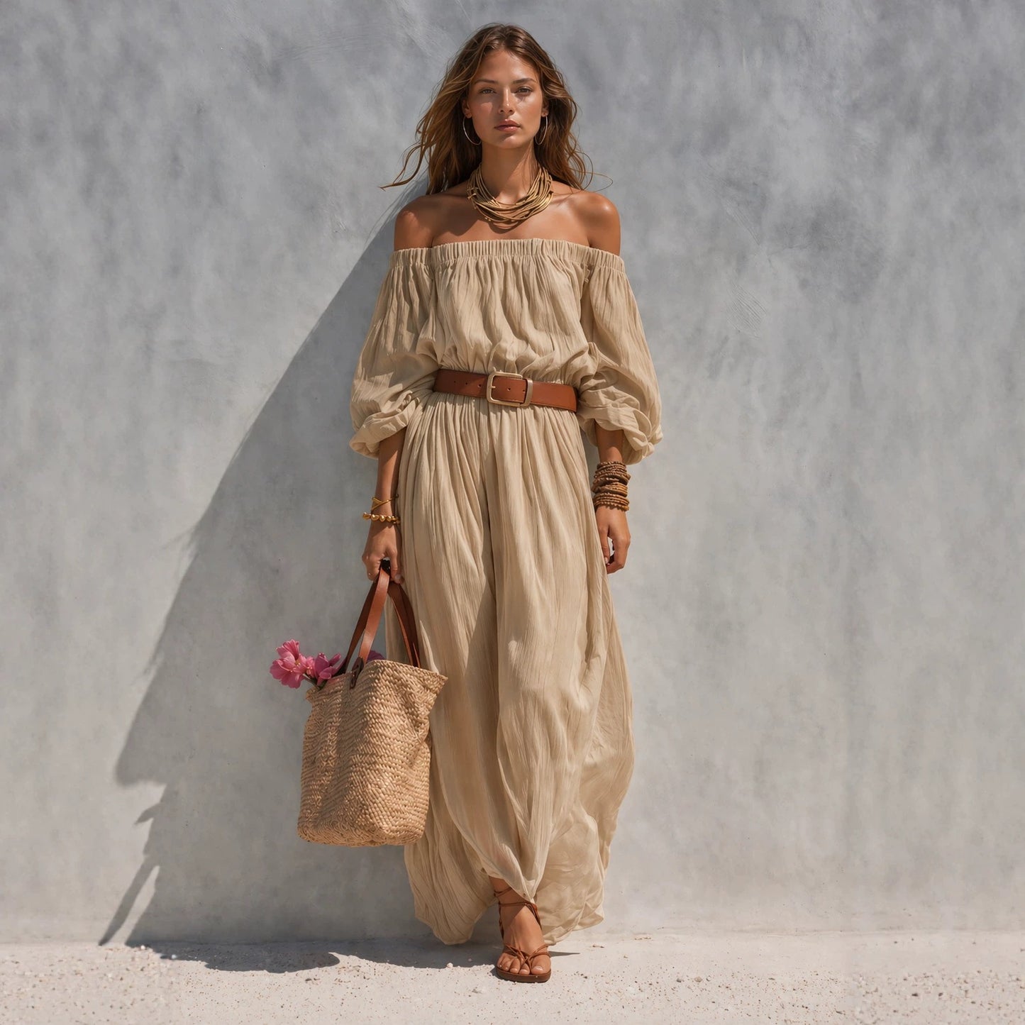 Womens Boat-Neck Sleeveless Casual Cotton-Linen Maxi Dress