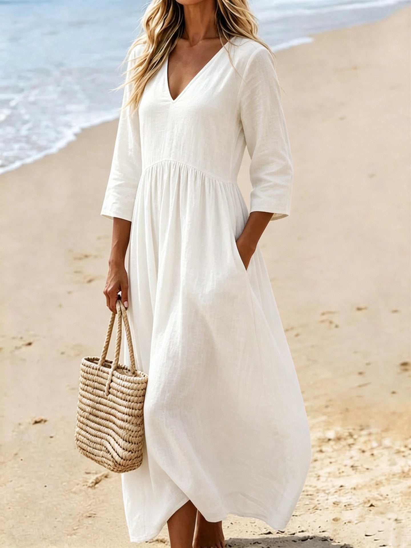 V-neck Three-quarter Sleeve Womens Resort Maxi Dress