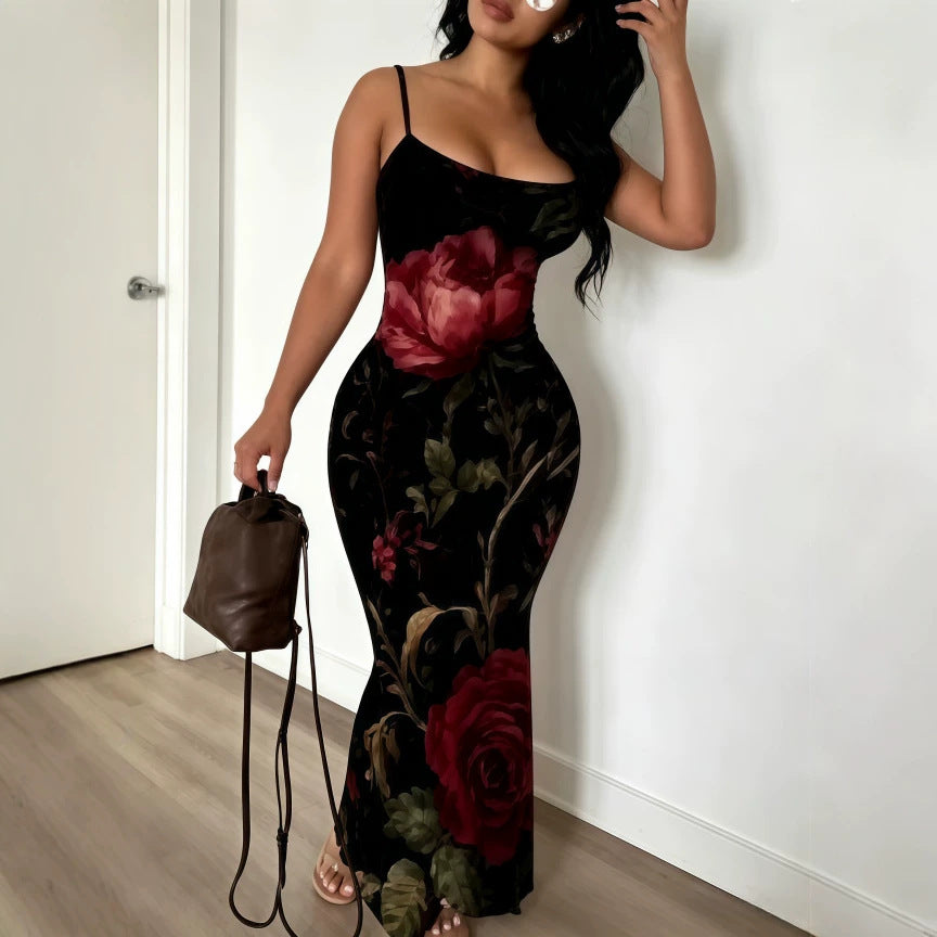 Digital-print Fitted Waistline Long Dress