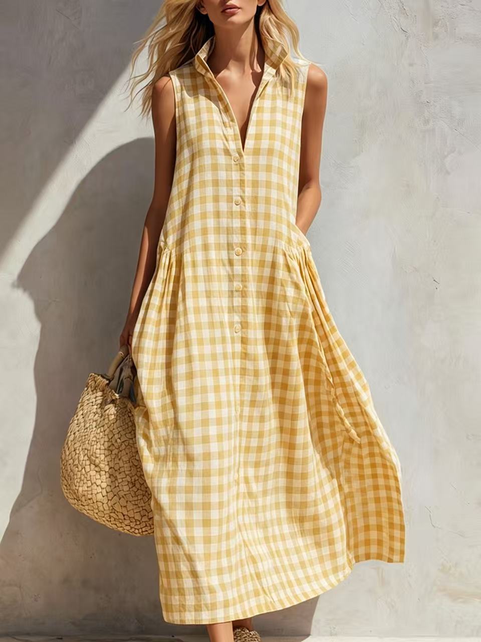 New Summer Beach Plaid Loose Long Dress