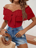 Stylish And Elegant Off-shoulder Top With Ruffled Trim And A Tie Belt