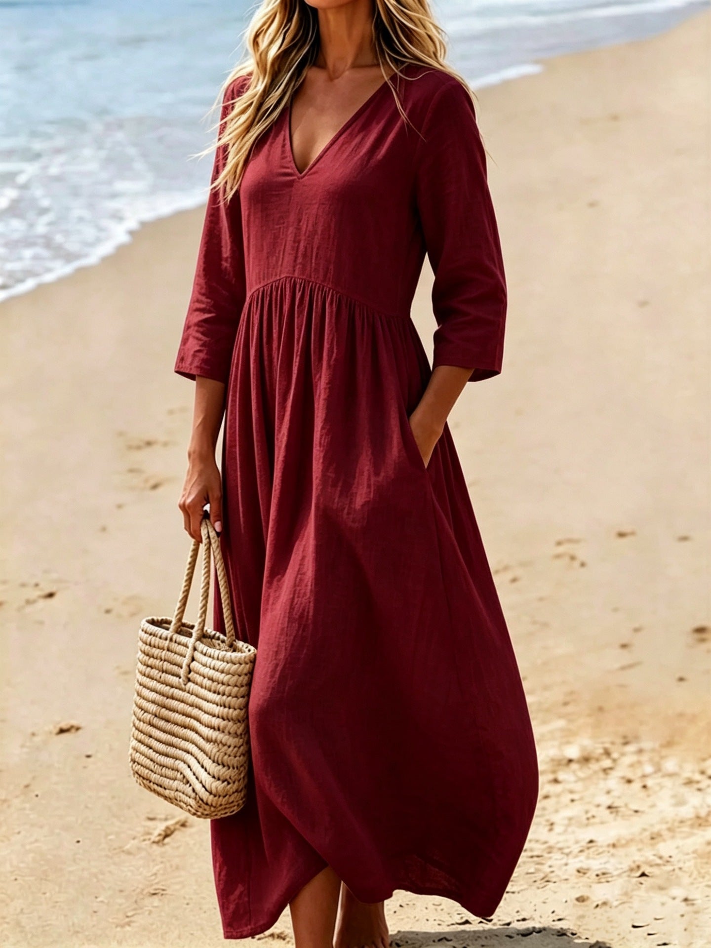 V-neck Three-quarter Sleeve Womens Resort Maxi Dress