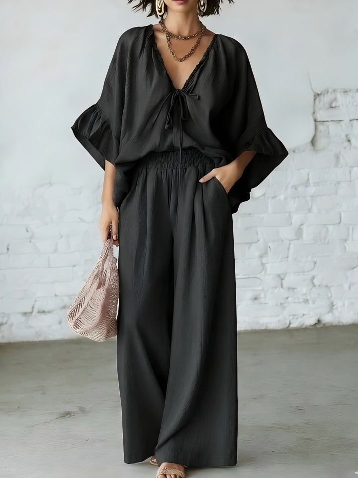 Loose-fit Cotton-linen V-neck Wide-leg Pants Two-piece Set