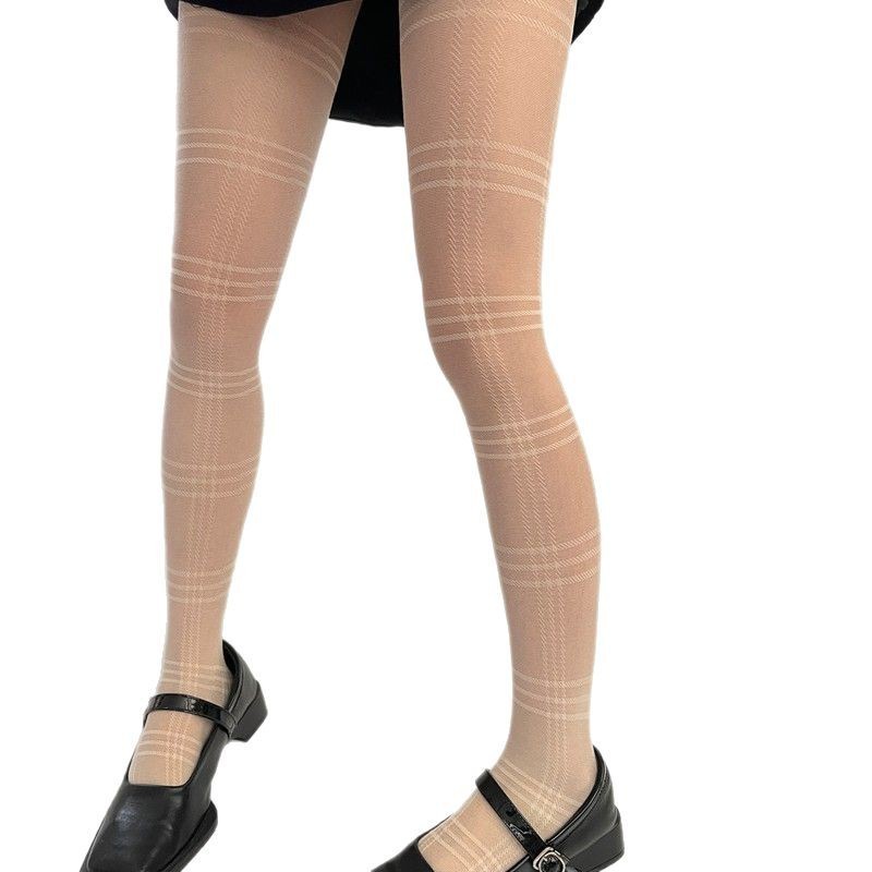 Black Square Grid Jacquard Silk Socks Women's Spring Autumn Thin Pantyhose Base Socks