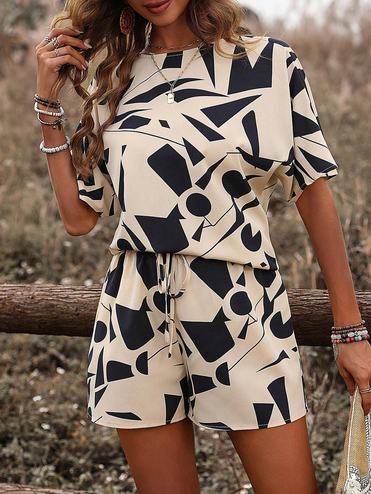 Casual Fashionable And Trendy Short-sleeve Crew-neck Top With Tie-dye Design And Matching Shorts Set