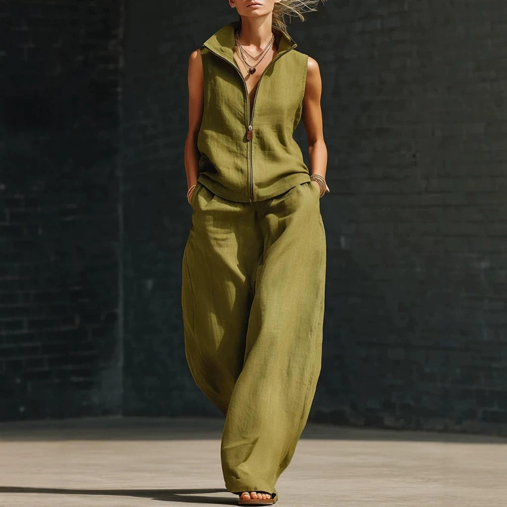 Sleeveless Stand Collar Zippered Linen Cotton Two-Piece Set