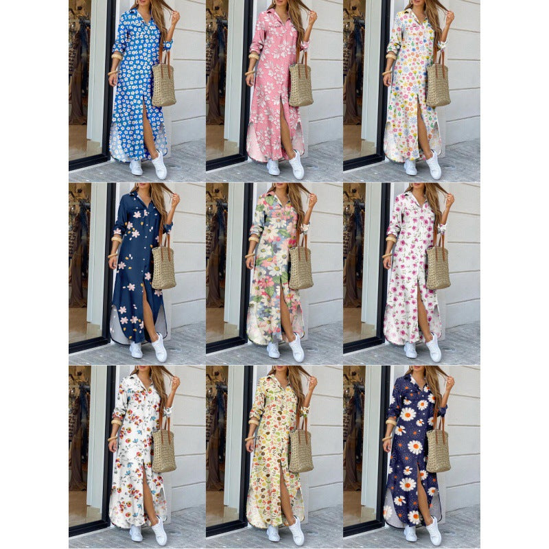 Lapel-collar Long Shirt Dress For Women