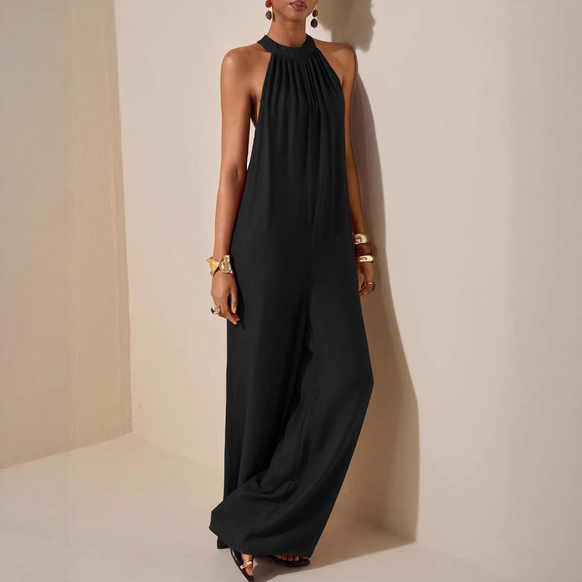 High-neck Halter Solid-color Wide-leg Jumpsuit