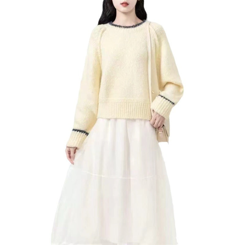 Women's Round Neck Color Block Pullover Knit Sweater