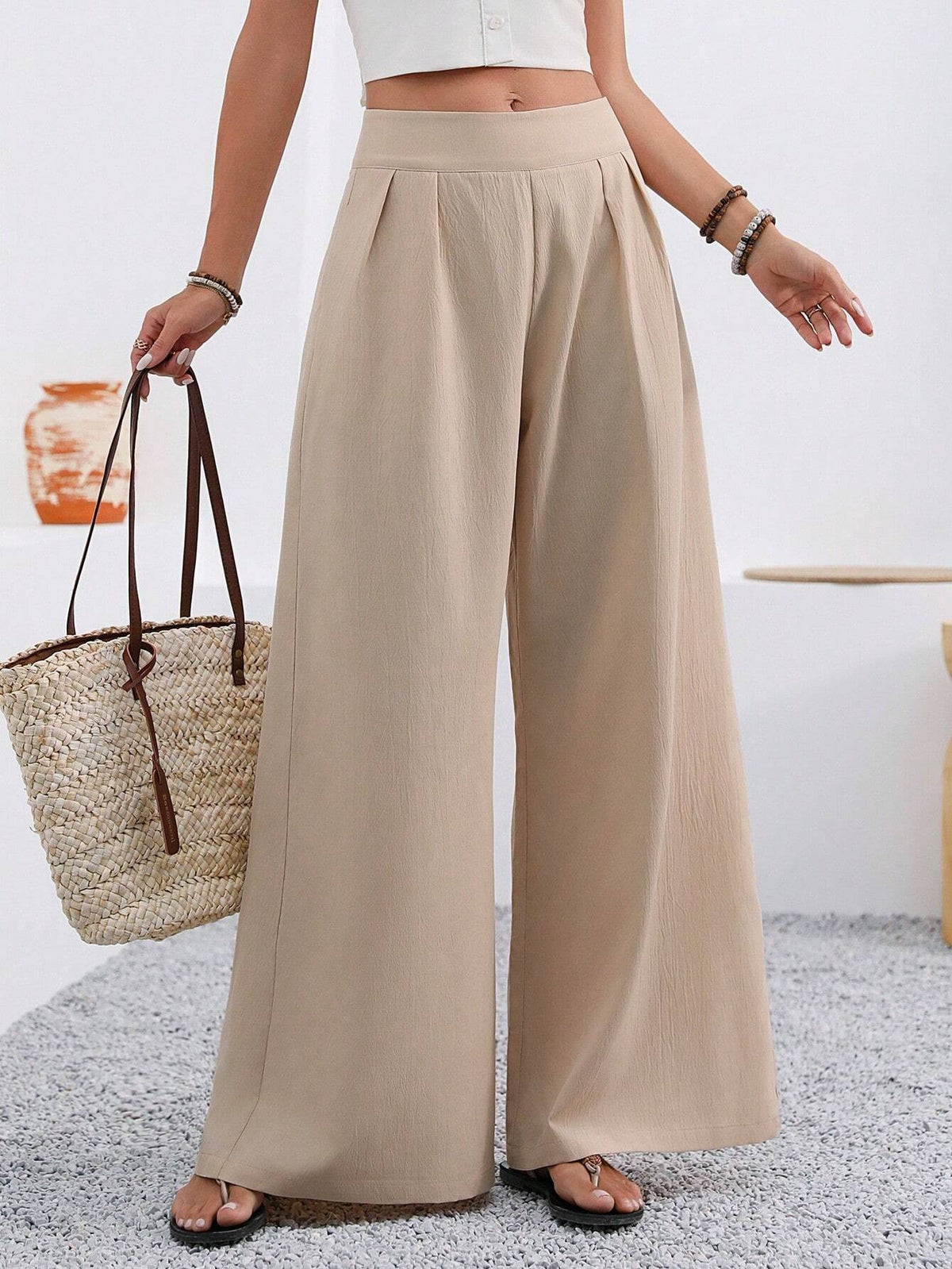 Pocketed High-waisted Fashionable Versatile Wide-leg Trousers Long Pants