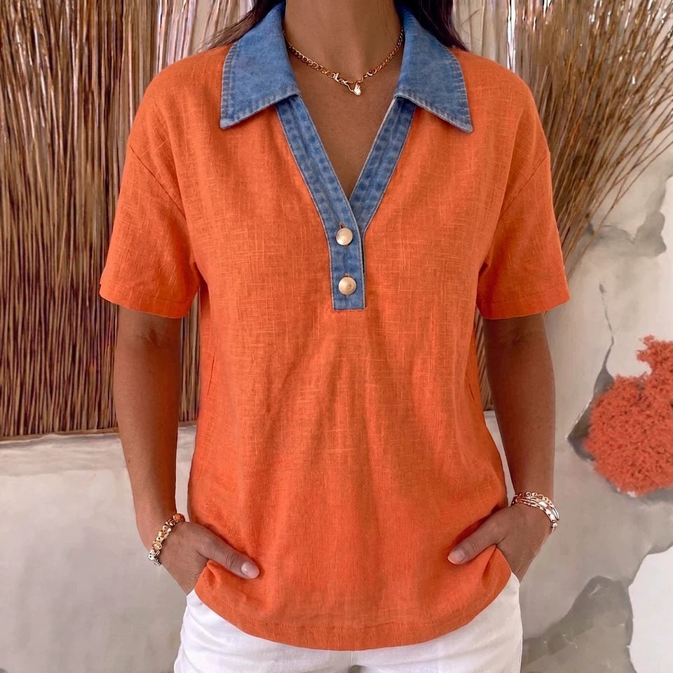 Casual Denim-Trimmed Contrast Linen Cotton Shirt Womens Apparel