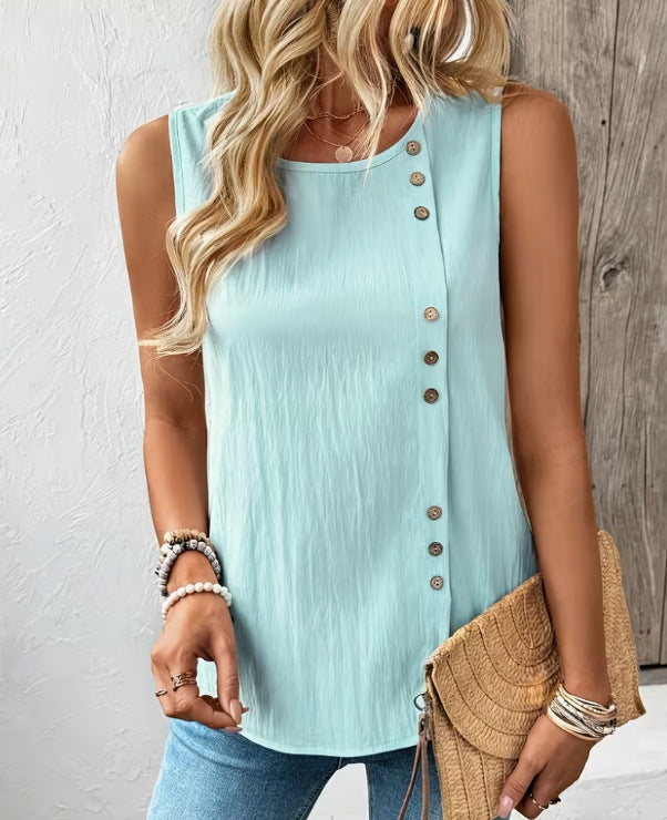 Elegant Casual And Fashionable Loose-fit Cotton-linen Tank Top With A Round Neck