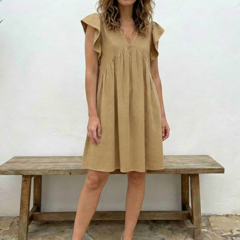 Women's V-neck Flutter Sleeve Ruffle Dress