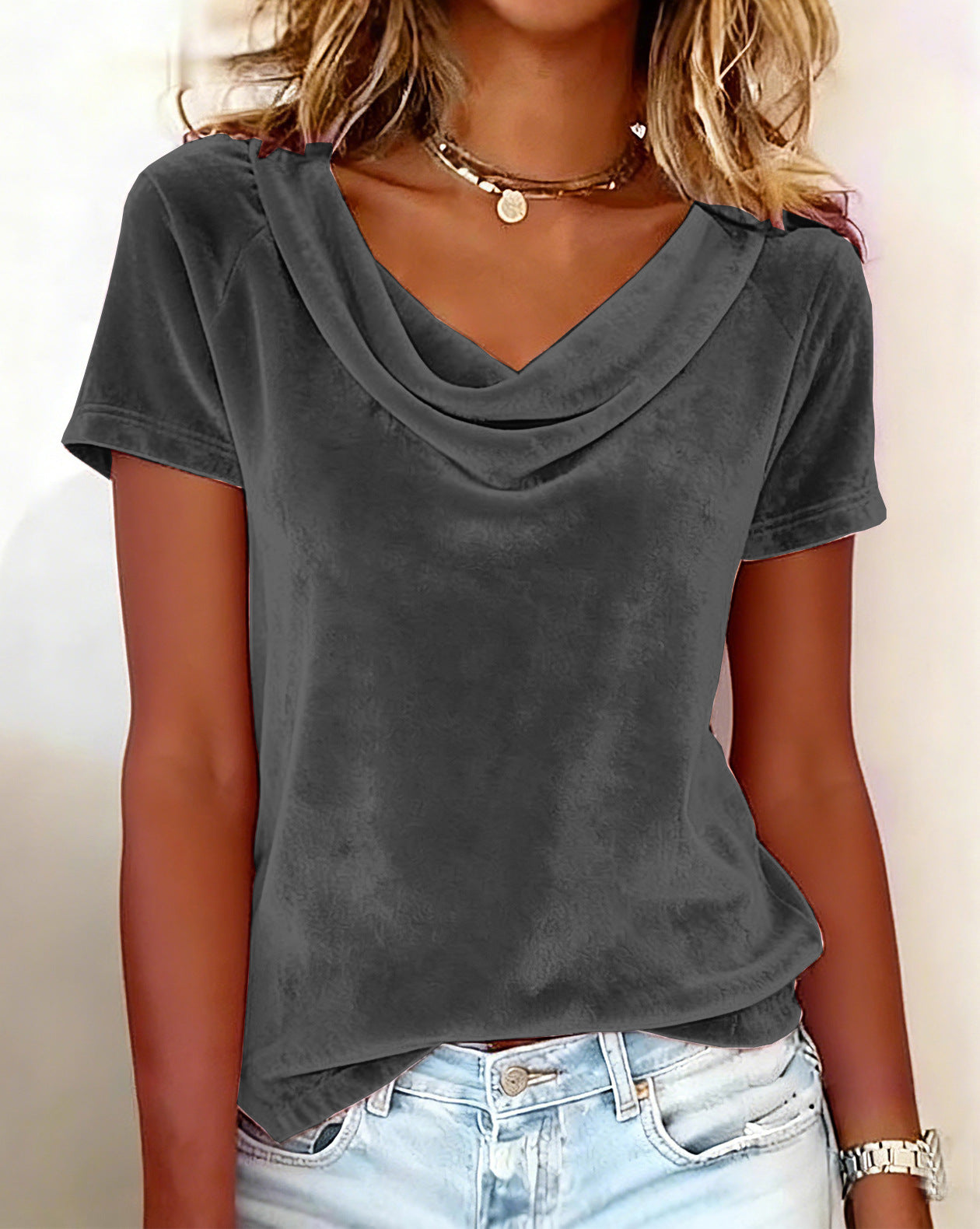 Solid-color Casual Cowl-neck Sexy Velvet Short-sleeve