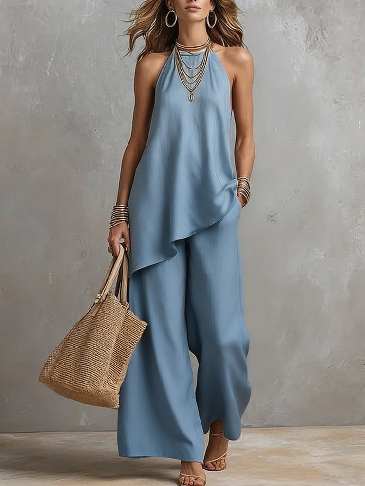 Womens Casual Crew-Neck Vest And Long Pants Set