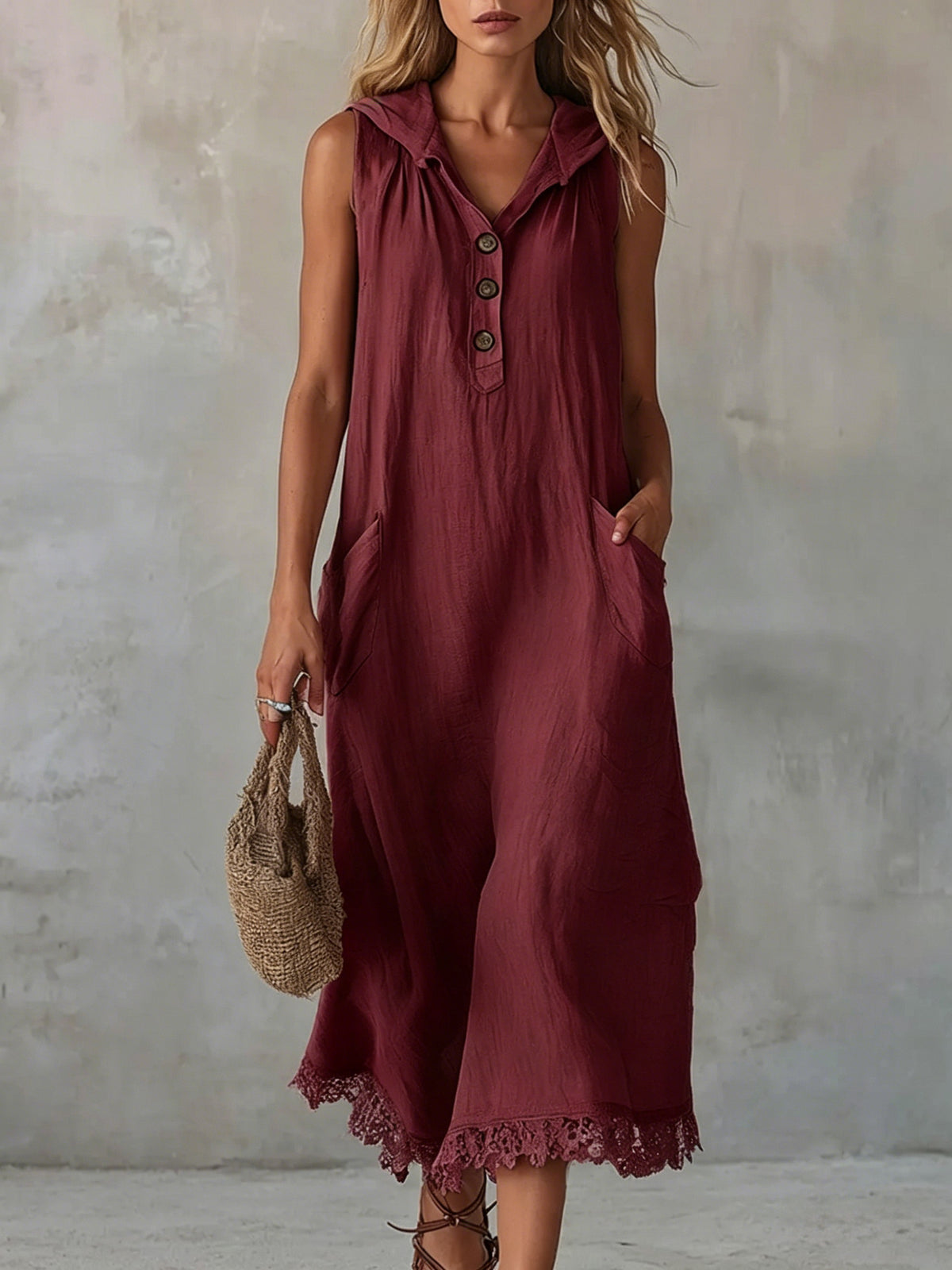 Casual Patchwork Lace-trimmed Linen And Cotton Hooded Dress